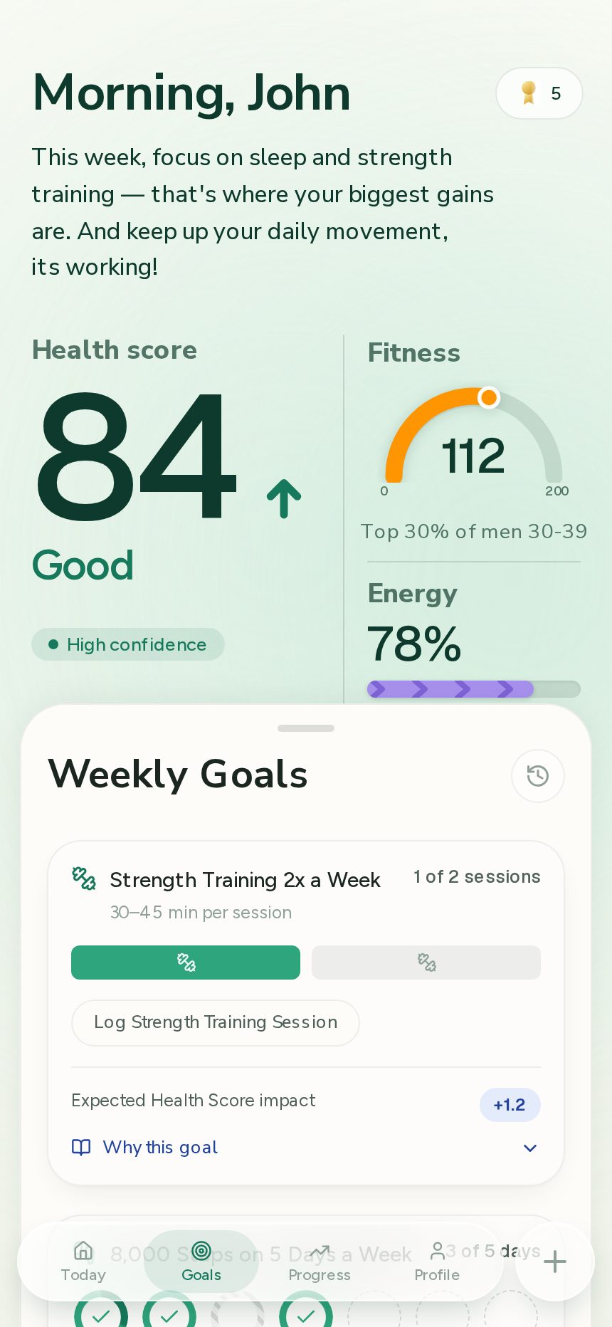 Everva Today screen showing the daily Plan with calories, training and movement