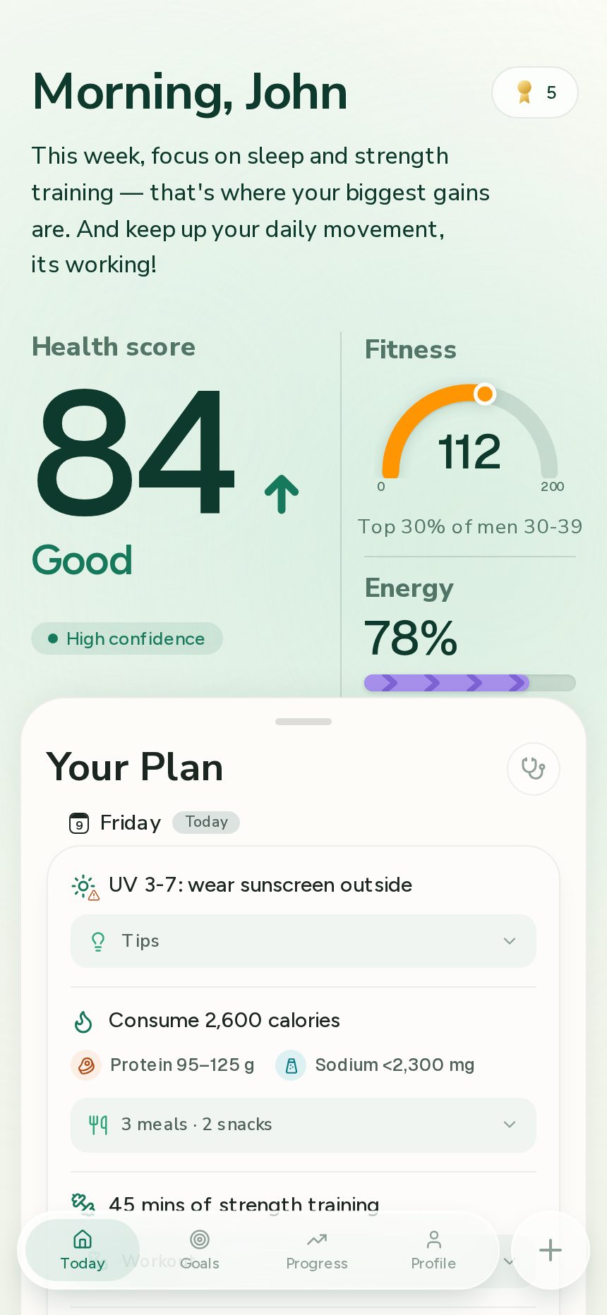 Everva Weekly Goals screen showing strength training sessions and expected score impact
